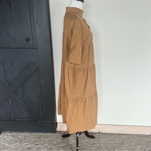 NWOT EVERLANE Tiered Mockneck Short Sleeve Dress Toasted Coconut Brown Small - Picture 4 of 8